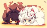  2girls anger_vein animal_ear_fluff animal_ears aqua_eyes azur_lane big_head black_hair blush character_request chibi closed_eyes closed_mouth commentary_request fox_ears fox_girl fox_tail full_body hatching_(texture) large_tail lying multiple_girls muuran no_nose on_stomach open_mouth sepia signature tail translated white_hair 