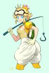  1girl :t absurdres blue_eyes breasts choker cleavage closed_mouth earrings fishing_rod gem goggles goggles_on_head highres jewelry lakitu looking_back super_mario_bros. muki_(unknownid) new_super_mario_bros._u_deluxe nintendo pants pantyhose puffy_pants shell short_hair shrug_(clothing) smile super_crown white_pants yellow_legwear 