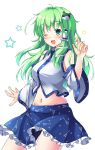  1girl ;d ahoge aka_tawashi bangs bare_shoulders blue_skirt blush breasts commentary_request cowboy_shot crop_top detached_sleeves eyebrows_visible_through_hair frog_hair_ornament green_eyes green_hair groin hair_ornament hair_tubes hand_up highres kochiya_sanae large_breasts long_hair long_sleeves looking_at_viewer midriff miniskirt navel one_eye_closed open_mouth petticoat shirt simple_background single_sidelock skirt smile snake_hair_ornament solo standing star stomach thighs touhou white_background white_shirt wide_sleeves wing_collar 