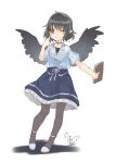  1girl ;) alternate_costume bangs black_choker black_hair black_wings blue_shirt blue_skirt blush book camisole casual choker commentary_request contemporary eyebrows_visible_through_hair feathered_wings full_body grey_legwear hand_up highres holding holding_book holding_pen looking_at_viewer no_hat no_headwear one_eye_closed pantyhose pen petticoat puffy_short_sleeves puffy_sleeves red_eyes ribbon shadow shameimaru_aya shirt shoes short_sleeves signature simple_background skirt smile solo standing striped touhou toutenkou vertical_stripes white_background white_footwear white_ribbon wings 