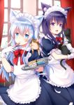  2girls :d akatsuki_(kantai_collection) alternate_costume animal animal_ears apron blue_eyes blush bow bowtie cat cat_ears curtains gloves hair_between_eyes hair_ornament hairclip hibiki_(kantai_collection) highres holding kantai_collection long_hair maid maid_apron maid_headdress motohara_moka multiple_girls open_mouth purple_hair red_neckwear short_sleeves silver_hair smile tray violet_eyes white_apron white_gloves 