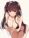  1girl akahito alternate_costume arm_under_breasts ass bangs bare_shoulders bikini black_bikini blush braid breasts cleavage collarbone embarrassed eyebrows_visible_through_hair french_braid girls_frontline hair_ribbon half_updo large_breasts leaning_forward long_hair looking_at_viewer one_side_up open_mouth purple_hair red_eyes red_ribbon ribbon sidelocks simple_background skindentation solo stomach swimsuit tearing_up thighs trembling tsurime very_long_hair wa2000_(girls_frontline) wet 