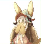  1other ambiguous_gender animal_ears covering_mouth eyebrows_visible_through_hair furry kawasemi27 long_hair looking_away made_in_abyss nanachi_(made_in_abyss) simple_background tail tearing_up upper_body white_background white_hair yellow_eyes 