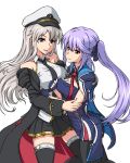  2girls :d arm_grab azur_lane bangs bare_shoulders black_belt black_coat black_jacket black_legwear black_neckwear black_skirt blue_cloak blue_dress blue_gloves braid breasts brown_eyes cleavage clenched_hand closed_mouth coat collared_shirt commentary_request couple dress enterprise_(azur_lane) essex_(azur_lane) eyebrows_visible_through_hair female fingerless_gloves gloves hair_between_eyes hair_ribbon hat highres hug jacket large_breasts lavender_hair long_hair looking_at_viewer medium_breasts military multiple_girls neck necktie nukomen off_shoulder open_clothes open_coat open_mouth pantyhose peaked_cap pleated_skirt purple_ribbon red_neckwear ribbon shiny shiny_hair shirt short_dress silver_hair simple_background skirt sleeveless sleeveless_shirt smile standing thigh-highs twintails underbust violet_eyes white_background white_hat yellow_eyes yuri 
