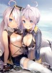  2girls :q ahoge all_fours azur_lane bare_shoulders beach black_bikini_top black_gloves blue_eyes blush breasts cleavage cropped dark_skin facial_mark fingerless_gloves gloves hair_over_one_eye heart heart-shaped_pupils highres indianapolis_(azur_lane) isegawa_yasutaka large_breasts lavender_hair long_hair looking_at_viewer low_twintails medium_breasts midriff multiple_girls official_art outdoors partially_submerged portland_(azur_lane) scan short_shorts shorts side_ponytail sitting smile strapless symbol-shaped_pupils thigh-highs tongue tongue_out tubetop twintails very_long_hair water white_legwear 