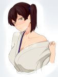 1girl bare_shoulders blush breasts brown_eyes brown_hair cleavage japanese_clothes kaga_(kantai_collection) kantai_collection kimono looking_at_viewer off_shoulder side_ponytail simple_background solo tsurugi_muda white_background 
