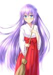 1girl alternate_costume alternate_hairstyle blue_eyes blush broom hair_between_eyes holding holding_broom japanese_clothes kimono long_hair long_sleeves looking_at_viewer miko muwa12 neptune_(series) power_symbol purple_hair purple_heart simple_background smile solo symbol-shaped_pupils very_long_hair white_background white_kimono wide_sleeves 