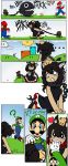  animal_ears biting black_dress black_hair chain chained chains crown dog_ears dress drow_tales genderswap happy hat highres luigi mario super_mario_bros. nintendo ponytail princess_chain_chomp sad super_crown transformation 