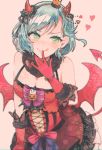  1girl :q aqua_eyes bang_dream! blurry bow bowtie breasts cross-laced_clothes crown demon_horns demon_tail demon_wings dress earrings fur_collar ghost gloves green_eyes hairband heart heart-shaped_pupils heart_earrings hikawa_hina horns itomugi-kun jack-o&#039;-lantern jewelry medium_breasts mini_crown pink_bow purple_neckwear red_dress red_gloves short_hair solo striped_neckwear symbol-shaped_pupils tail tongue tongue_out v-shaped_eyebrows wings 