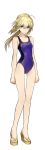  1girl absurdres ahoge aqua_eyes artoria_pendragon_(all) blonde_hair casual_one-piece_swimsuit expressionless fate/stay_night fate_(series) full_body high_heels highres long_hair official_art one-piece_swimsuit platform_footwear ponytail saber simple_background solo standing swimsuit wada_aruko white_background 