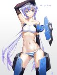  1girl arm_above_head armpits black_legwear blue_eyes blue_hair breasts contrapposto elbow_gloves eyebrows_visible_through_hair frame_arms_girl gloves gluteal_fold groin groin_tendon hair_between_eyes highres long_hair looking_at_viewer mecha_musume misenouchi navel panties skindentation small_breasts solo striped striped_panties stylet thigh-highs twintails underwear white_background 