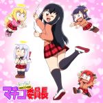  5girls ;d ahoge angel_wings angry bat_hair_ornament bat_wings black_hair blonde_hair blue_eyes blush bow bowtie breasts brown_eyes cardigan copyright_name cross_hair_ornament eyebrows_visible_through_hair fang gabriel_dropout hair_bow hair_ornament hair_rings hairclip happy heart horns iinchou_(gabriel_dropout) jacket kneehighs kurumizawa_satanichia_mcdowell long_hair looking_at_viewer maicching_machiko-sensei medium_breasts messy_hair miniskirt multiple_girls oldschool one_eye_closed open_mouth parody pink_background plaid plaid_skirt purple_hair red_bow red_eyes red_neckwear redhead school_uniform shiraha_raphiel_ainsworth shirosato shoes short_hair sidelocks skirt smile smug sneakers tenma_gabriel_white tsukinose_vignette_april v-shaped_eyebrows very_long_hair violet_eyes wings x_hair_ornament yellow_eyes 