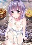  1girl :d absurdres ahoge arm_at_side azur_lane bangs bare_shoulders bird blush braid breasts bucket chick cleavage collarbone commentary_request drooling eyebrows_visible_through_hair fingernails french_braid highres hiragi_ringo large_breasts lavender_hair legs_together long_fingernails long_hair looking_at_viewer naked_towel onsen open_mouth outdoors rodney_(azur_lane) sitting smile soaking_feet solo towel very_long_hair violet_eyes wading water white_towel wooden_bucket 