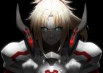  1girl absurdres angry armor black_background blonde_hair eyebrows_visible_through_hair fate/apocrypha fate/grand_order fate_(series) glaring glowing glowing_eyes green_eyes grimace highres matoi92 mordred mordred_(fate) mordred_(fate)_(all) ponytail solo tearing_up teeth upper_body 
