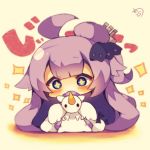  +_+ 1girl ahoge aqua_eyes azur_lane bangs big_head blunt_bangs blush character_request chibi commentary_request full_body hatching_(texture) head_tilt hidden_mouth long_hair looking_at_viewer muuran one_side_up purple_hair sepia side_bun signature solo stuffed_alicorn stuffed_animal stuffed_toy translated very_long_hair wide-eyed 