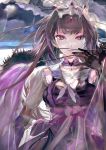  119 1girl bangs breasts cleavage clouds cloudy_sky dress eyebrows_visible_through_hair fate/grand_order fate_(series) fur_trim gloves hair_between_eyes highres long_hair looking_at_viewer medium_breasts moon parted_lips purple_dress purple_hair red_eyes scathach_(fate)_(all) scathach_skadi_(fate/grand_order) see-through sky smile solo tiara 