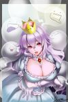  1girl :d absurdres breasts chushengdao cleavage dress gloves highres large_breasts long_hair super_mario_bros. nintendo open_mouth princess_king_boo purple_hair red_eyes sailor_collar sharp_teeth smile solo super_crown super_mario_bros. teeth tongue tongue_out 