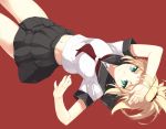  1girl blonde_hair fate_(series) green_eyes kirisato_itsuki mordred_(fate) mordred_(fate)_(all) navel school_uniform serafuku simple_background skirt 