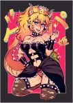  armlet artist_name black_collar black_dress black_leotard black_nails blonde_hair blue_eyes borrowed_design bowsette bracelet breasts cleavage collar crown dress earrings fingernails fire fishnets flame horns iahfy jewelry large_breasts leg_up leotard long_hair super_mario_bros. nail_polish new_super_mario_bros._u_deluxe nintendo open_mouth pointy_ears ponytail red_background sharp_fingernails sharp_teeth smile spiked_armlet spiked_bracelet spiked_collar spiked_shell spiked_tail spikes strapless super_crown tail teeth transformation turtle_shell 