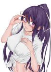  1girl absurdres adjusting_eyewear bangs blush breasts closed_mouth collarbone covered_nipples glasses hair_ribbon hand_on_own_chest highres kana_kinoko kanzaki_kaori large_breasts long_hair looking_at_viewer navel ponytail purple_hair ribbon semi-rimless_eyewear shirt short_sleeves sidelocks simple_background solo t-shirt tied_shirt to_aru_majutsu_no_index under-rim_eyewear upper_body violet_eyes white_background white_ribbon white_shirt 