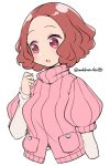  1girl blush brown_eyes brown_hair commentary_request do_m_kaeru okumura_haru open_mouth persona persona_5 pink_sweater ribbed_sweater short_hair solo sweater twitter_username upper_body 