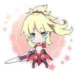  1girl arm_guards bare_shoulders black_legwear blonde_hair blush boots breasts chibi closed_mouth commentary_request doily fate/apocrypha fate_(series) full_body green_eyes hair_ornament hair_scrunchie hand_up holding holding_sword holding_weapon long_hair looking_at_viewer milkpanda mordred_(fate) mordred_(fate)_(all) navel pelvic_curtain ponytail red_footwear red_scrunchie scrunchie sidelocks small_breasts smile solo standing star sword thigh-highs weapon white_background 