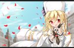  1girl blonde_hair blush eyebrows_visible_through_hair fingerless_gloves girls_frontline gloves hair_between_eyes hat highres jacket long_hair long_sleeves matsuo_(matuonoie) military military_jacket military_uniform nagant_revolver_(girls_frontline) open_mouth red_eyes remodel_(kantai_collection) shirt uniform white_shirt winter_clothes 