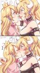  1girl 2koma armlet bare_shoulders black_collar black_dress black_nails blonde_hair blue_eyes blush borrowed_design bowsette breasts cleavage closed_eyes collar comic commentary_request crown dress earrings fingernails from_side genderswap highres horns jewelry kiss large_breasts looking_at_another super_mario_bros. nail_polish new_super_mario_bros._u_deluxe nintendo open_mouth pink_dress pointy_ears princess_peach sharp_fingernails sharp_teeth spiked_armlet spiked_collar spikes strapless strapless_dress super_crown super_mario_bros. sweatdrop teeth transformation yukari_(bryleluansing) yuri 