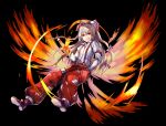 1girl absurdres amamitsu_kousuke baggy_pants bangs black_background boots bow brown_footwear commentary_request eyebrows_visible_through_hair fiery_wings fujiwara_no_mokou full_body grin hair_between_eyes hair_bow hand_in_pocket hand_up highres juliet_sleeves long_hair long_sleeves looking_at_viewer ofuda pants puffy_sleeves red_eyes red_pants shirt silver_hair simple_background smile solo suspenders touhou very_long_hair white_bow white_shirt wing_collar wings 
