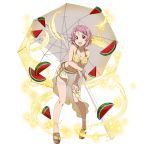  1girl :d absurdres bangs breasts cleavage collarbone feet food fruit full_body hair_ornament hairclip hand_on_lap highres jewelry leaning_forward lisbeth lisbeth_(sao-alo) looking_at_viewer medium_breasts navel necklace official_art open_mouth parasol parted_bangs pink_eyes pink_hair pointy_ears sarong short_hair simple_background smile solo standing sword_art_online sword_art_online:_code_register thigh_strap toes umbrella watermelon white_background yellow_bikini_top 