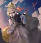  1girl absurdres bare_shoulders black_leotard black_nails blonde_hair blue_eyes blurry blush bowsette bracelet breasts cleavage clouds collar crown eyebrows eyebrows_visible_through_hair fang fire highres horns jewelry kimyo leotard long_hair looking_at_viewer super_mario_bros. medium_breasts nail_polish new_super_mario_bros._u_deluxe nintendo open_mouth outdoors short_hair sky solo spiked_armlet spiked_bracelet spiked_collar spikes standing super_crown tail 
