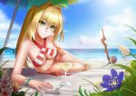  1girl absurdres aestus_estus ahoge arm_support ball beach beach_umbrella beachball bikini blonde_hair blue_sky breasts cleavage clouds collarbone eyebrows_visible_through_hair fate/extella fate/extra fate/grand_order fate_(series) flower_request green_eyes hair_between_eyes hair_intakes highres long_hair looking_at_viewer lying matoi92 medium_breasts navel nero_claudius_(fate) nero_claudius_(fate)_(all) nero_claudius_(swimsuit_caster)_(fate) on_side one_eye_closed planted_sword planted_weapon sandals sky smile solo swimsuit sword tropical_drink umbrella weapon 