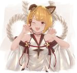  1girl ;3 animal_ear_fluff arms_up blonde_hair blunt_ends braid breasts brown_eyes claw_pose collarbone commentary_request dog_girl eyebrows_visible_through_hair fingernails french_braid granblue_fantasy grey_background hair_ribbon highres midriff nail_polish pink_lips pink_nails red_ribbon ribbon rizuki_suwoto rope shimenawa short_hair small_breasts solo tabard tassel twitter_username upper_body vajra_(granblue_fantasy) 