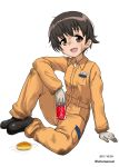  1girl :d arm_support bangs black_footwear brown_eyes brown_hair can coca-cola commentary_request dated dirty_clothes dirty_face excel_(shena) eyebrows_visible_through_hair food full_body girls_und_panzer gloves highres holding holding_can jumpsuit logo long_sleeves looking_at_viewer mechanic nakajima_(girls_und_panzer) open_mouth orange_jumpsuit partial_commentary sandwich shoes short_hair simple_background sitting smile soda_can solo sweatdrop twitter_username uniform white_background white_gloves 