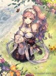  1girl bare_shoulders braid breasts bug butterfly company_name copyright_name fire_emblem fire_emblem:_kakusei fire_emblem_cipher grass hairband insect kishida_kotetsu large_breasts long_hair looking_at_viewer nintendo official_art olivia_(fire_emblem) outdoors parted_lips petals pink_eyes pink_hair ponytail sitting smile solo twin_braids water 