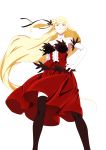  1girl bakemonogatari bare_shoulders black_legwear black_ribbon blonde_hair breasts cleavage dress feather-trimmed_gloves feather_trim gloves hair_ribbon hand_on_hip highres kiss-shot_acerola-orion_heart-under-blade large_breasts long_hair looking_at_viewer looking_down monogatari_(series) oshino_shinobu otsunabe_(naabe_delta) pointy_ears red_dress ribbon simple_background smirk solo strapless strapless_dress thigh-highs very_long_hair white_background white_gloves yellow_eyes 