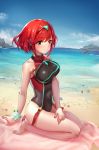  1girl absurdres bangs beach black_swimsuit blush breasts competition_swimsuit earrings highres pyra_(xenoblade) jewelry kiiro_kimi looking_at_viewer nintendo one-piece_swimsuit redhead short_hair solo swept_bangs swimsuit tiara xenoblade_(series) xenoblade_2 
