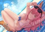  1girl animal_ears armpits beach bikini blush breasts cleavage collarbone day fate/extra fate/grand_order fate_(series) fox_ears fox_tail highres keikei_(kitty_colors) large_breasts long_hair lying md5_mismatch nail_polish navel on_back one_eye_closed open_mouth outdoors pink_hair solo sunglasses swimsuit tail tamamo_(fate)_(all) tamamo_no_mae_(fate) white_bikini yellow_eyes 