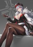  1girl artist_name azur_lane bangs breasts buttons commentary_request cuboon eyebrows_visible_through_hair fur_trim gloves graf_zeppelin_(azur_lane) hat iron_cross large_breasts legs_crossed lips long_hair long_sleeves looking_at_viewer pantyhose peaked_cap red_eyes shiny shiny_clothes shiny_hair shiny_skin signature silver_hair simple_background sitting skirt solo thighs uniform 