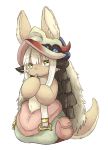  1other ambiguous_gender animal_ears blush closed_mouth eyebrows_visible_through_hair finger_to_mouth furry helmet highres kawasemi27 looking_down made_in_abyss nanachi_(made_in_abyss) tail upper_body white_hair yellow_eyes 