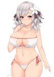  1girl arm_at_side bikini breasts cleavage cowboy_shot eyebrows_visible_through_hair eyepatch_bikini finger_to_mouth flower girls_frontline hair_flower hair_ornament hair_ribbon kuavera large_breasts looking_at_viewer medium_hair navel red_eyes ribbon side-tie_bikini silver_hair simple_background smile solo spas-12_(girls_frontline) standing swimsuit thighs two_side_up white_bikini 