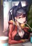  1girl alternate_costume animal_ears atago_(azur_lane) azur_lane bangs black_hair black_vest blush breasts brown_eyes casual chair cleavage collarbone cup day drinking drinking_straw earrings elbow_rest extra_ears eyebrows_visible_through_hair hair_ribbon head_on_hand highres hood hoodie indoors jewelry large_breasts long_hair looking_at_viewer mappaninatta mole mole_under_eye open_clothes open_hoodie partially_unbuttoned ribbon shirt signature sitting solo swept_bangs tray tsurime vest white_ribbon white_shirt window 