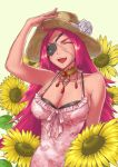  1girl adjusting_clothes adjusting_hat ahoge blue_eyes breasts choker cleavage closed_eyes dress eyepatch fate/extella_link fate/extra fate_(series) flower francis_drake_(fate) hat hat_flower highres izumi_(user_epgx4384) large_breasts long_hair pink_hair scar smile solo sundress sunflower 