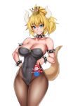  &gt;:d 1boy 1girl bare_shoulders black_leotard blonde_hair blue_eyes bowsette bracelet breasts brown_legwear cleavage collar covered_navel crown curvy eyebrows_visible_through_hair gem grin hand_on_hip hevn highres horns jewelry large_breasts leotard long_hair mario super_mario_bros. miniboy new_super_mario_bros._u_deluxe nintendo pantyhose ponytail sharp_teeth smile spiked_armlet spiked_bracelet spiked_collar spiked_tail spikes strapless strapless_leotard super_crown tail teeth 