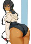  1girl ass bare_shoulders black_hair black_leotard blue_eyes blush breasts commentary_request curvy dark_skin embarrassed from_behind frown highres hips huge_ass leotard long_hair looking_at_viewer looking_back medium_breasts original solo thick_thighs thighs very_long_hair wide_hips yuzu_lemon 