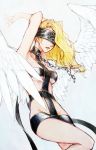  1girl angel angel_(megami_tensei) angel_wings arm_up armpits blindfold blonde_hair bondage_outfit breasts chains collar feathered_wings labombardier! shin_megami_tensei simple_background solo straps wings 