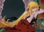  1girl bare_shoulders black_ribbon blonde_hair breasts cleavage commentary_request dress feather-trimmed_gloves feather_trim gloves hair_ribbon hanako-0001 kiss-shot_acerola-orion_heart-under-blade kizumonogatari large_breasts long_hair looking_at_viewer monogatari_(series) night night_sky onimonogatari pointy_ears red_dress ribbon sky solo star_(sky) starry_sky table very_long_hair white_gloves yellow_eyes 