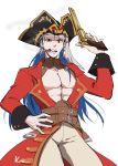 1boy abs cigar cosplay costume_switch cu_chulainn_(fate/grand_order) earrings fate/extra fate/grand_order fate_(series) francis_drake_(fate) francis_drake_(fate)_(cosplay) gun handgun hat highres jewelry kaetsai lancer long_hair looking_at_viewer muscle pirate_hat pistol signature weapon 