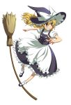  1girl absurdres apron black_footwear blonde_hair bow broom broom_riding full_body grin hair_bow hat hat_bow highres kirisame_marisa mary_janes puffy_sleeves shoes short_sleeves simple_background smile solo touhou waist_apron white_background white_bow witch_hat yellow_eyes 