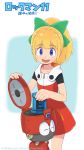  1girl 2018 artist_request blonde_hair blue_eyes capcom commentary_request dress eddie_(rockman) energy_tank green_ribbon hair_ribbon highres holding hood official_art open_mouth ponytail red_dress ribbon rockman rockman_(classic) rockman_11 roll zipper_pull_tab 